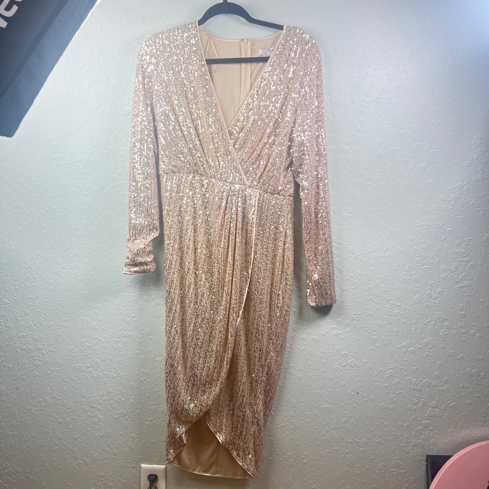 Baltic Born Sequin Dress Womens Formal Gala Sparkly Long Sleeve Midi Gold Wrap